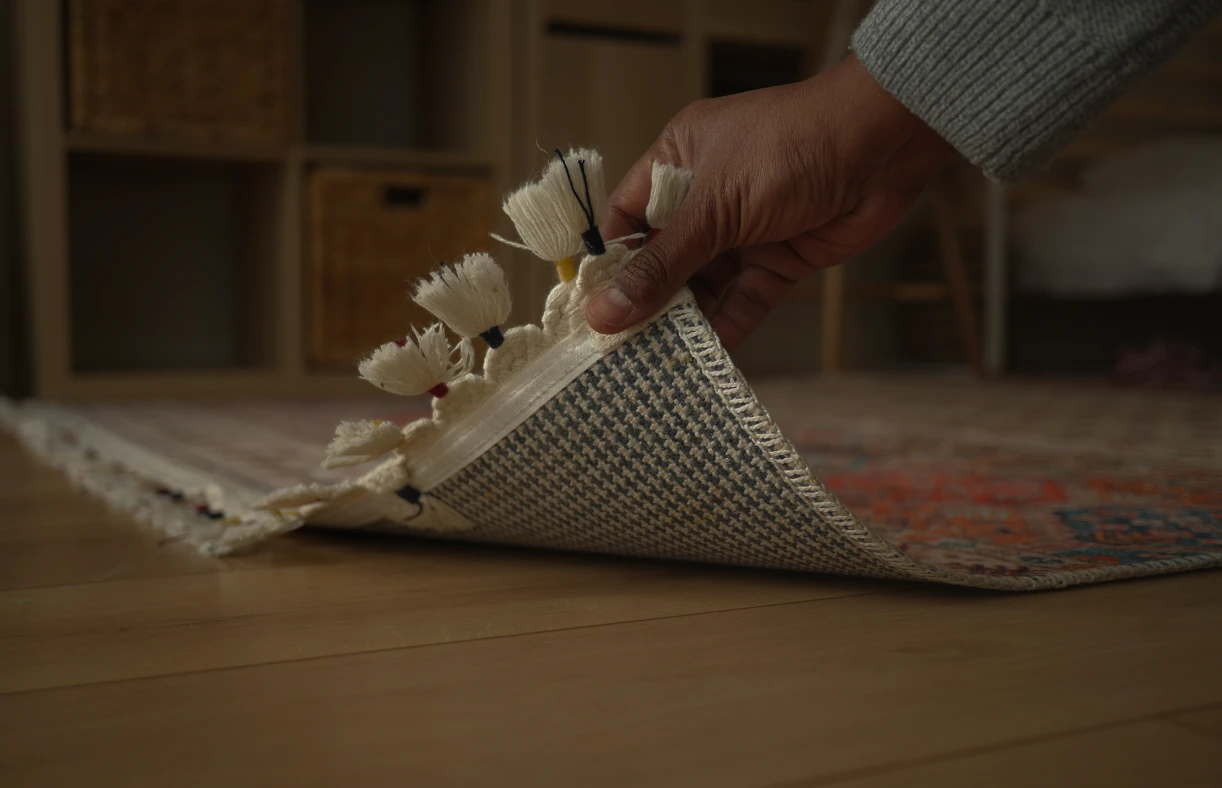 Checking underside of decorative carpet